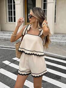 SHEIN Frenchy 女士撞色滚边无袖系带肩部荷叶边宽松两件套，夏季 - 杏色 - 查看 2