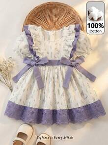 Cozy Pixies 可爱田园兔子与花卉印花压花套装，波西米亚野花，植物套装，复古植物套装，粉彩花卉自然套装；女婴休闲可爱泡泡袖撞色荷叶边连衣裙，适合春夏、户外野餐、郊游、街头风、居家、波西米亚风、派对、生日、音乐节、下午茶、复古连衣裙 - 彩色 - 查看 2