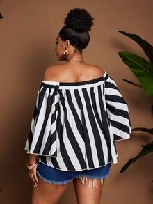 Maweii 大码女式露肩条纹休闲百搭日常上衣 - 黑與白 - 查看 6