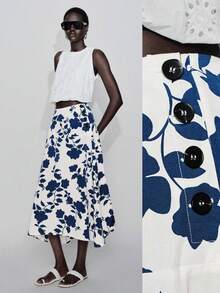 Lumivelle Women's Casual Vacation A-Line Low Waist Blue Floral Print Skirt Long Floral Skirt Flower Skirt Skirt Midi - Blue - View 1