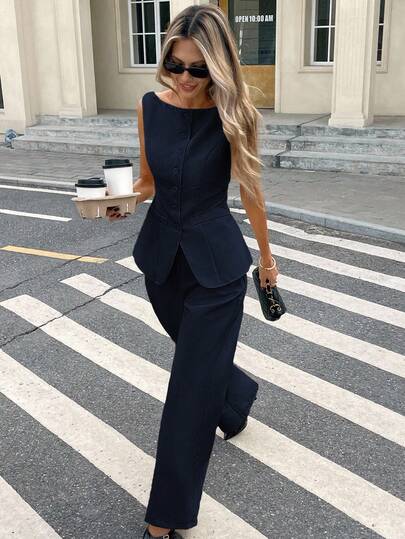 Serisse Women's Solid Color Boat Neck Top And Wide Leg Pants Casual 2 Pieces Set,Work Outfits For Women