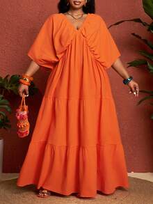 SHEIN CURVE+ Curve 尺码 US22 音乐节、海滨度假、波西米亚风 V 领连衣裙，适合夏季假期，橙色波西米亚风度假 - 橘色 - 查看 7