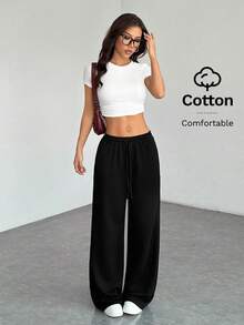 SHEIN PETITE Quần nỉ nữ ống rộng, màu trơn, thoải mái và giản dị. - màu đen - Xem 5