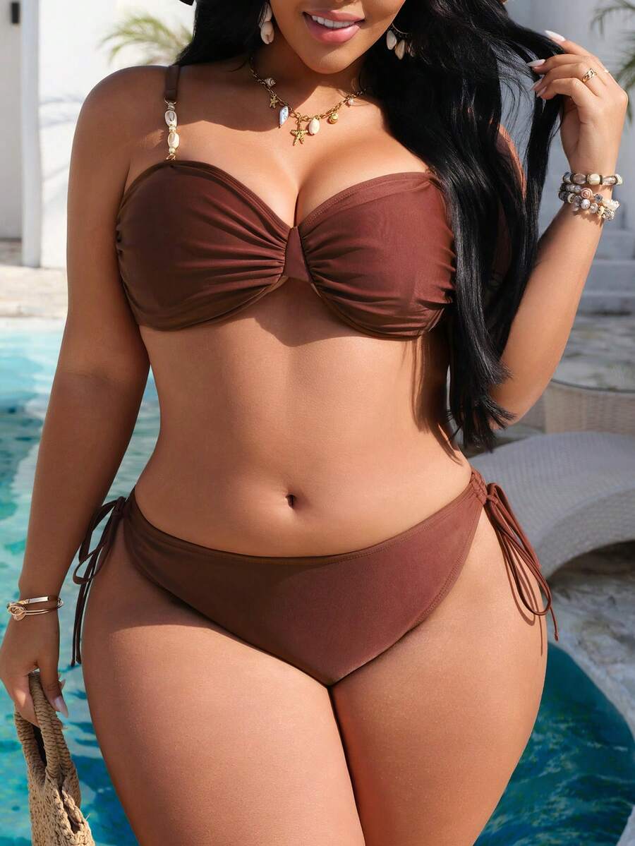 Swim Chiccia Plus Size Women 2 Pieces Bikini Set Set, Steel Bra Bikini Swimwear For Summer Holiday - Coffee Brown - View 1