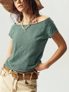 Bohemela Áo thun nữ cổ thuyền, màu trơn, chất liệu dệt kim, dáng ôm, đã qua xử lý giặt. - màu xanh lá - Xem 4