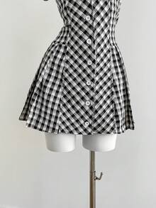 Elamini Plaid Front Button Fitted Stylish Summer Mini Dress - Grey - View 3