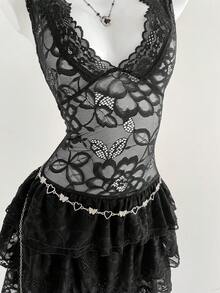 Elamini 女士花卉蕾丝深V领荷叶边性感无袖迷你连衣裙 - 黑色 - 查看 7