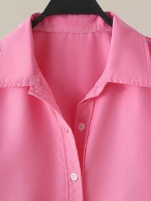 SHEIN Kemeja Longgar Kasual Ukuran Besar Panjang Sedang untuk Anak Perempuan Remaja - Hot Pink - View 3