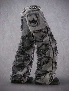 Manfinity Denimwave 男士休闲做旧毛边灰色牛仔裤 - 灰色 - 查看 2