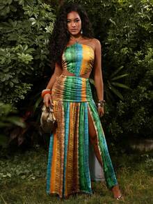 Lureya 女士时尚露背吊带性感镂空收腰紧身条纹扎染荷叶边开衩连衣裙，适合春夏度假穿着 - 彩色 - 查看 3