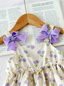 Bộ 2 món cho bé gái, chất liệu chiffon, họa tiết hoa nhí, nơ trang trí, kiểu dáng thường ngày, gồm áo vest và quần, màu tím nhạt. - Màu tím hoa cà - Xem 7
