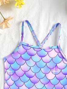 SHEIN Girls (Small) Spring/Summer/Autumn Beach Vacation Casual Seaside Hot Spring Fashionable Fitted New Cute Fish Scale Digital Print Ombre Criss-Cross Strap One-Piece Swimsuit With Ombre Digital Print Ruffle Hem Skirt - Purple - View 5