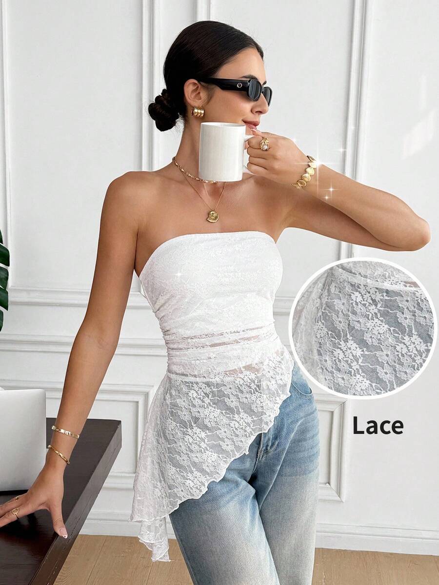 Serisse 女士时尚不对称下摆蕾丝抹胸上衣 - 杏色 - 查看 1