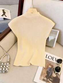 Resyla Women's Solid Color Hollow Out Fitted Elegant Comfortable Short Sleeve Sweater - Khaki - View 2