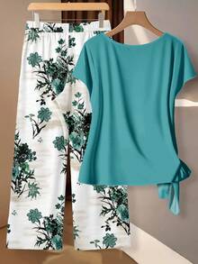 EMERY ROSE 女士紫色花卉撞色系带蝴蝶结上衣和直筒宽松裤两件套，休闲款 - 彩色 - 查看 2