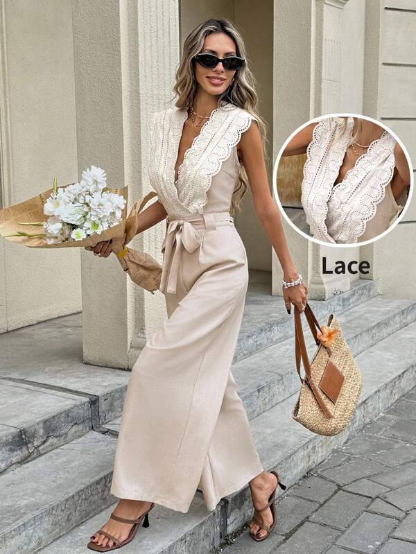 Serisse Women's Summer Casual Elegant Solid Color Linen Surplice  V-Neck Overlap Scallop Eyelet Embroidery Tie Waist Wide Leg Jumpsuit Pocket Wide Leg Loose Casual Jumpsuit,Elegant Hollow Lace Patchwork Sleeveless Jumpsuit,High-Waisted Wide-Leg Back Lace Splicing New Summer Style,Summer Holiday Outfits,Vacation Outfits For Women, Boho Jumpsuit,Elegant Women's Jumpsuit,Bridesmaid Jumpsuit,Party Jumpsuit,French Elegant Jumpsuit