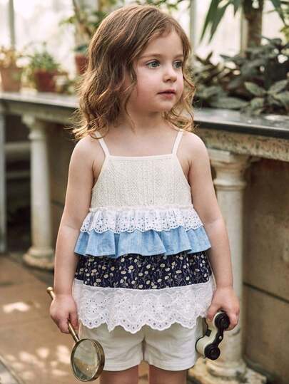 SHEIN 女童编织撞色荷叶边碎花吊带背心，韩式风格，法式复古风，乡村风，可爱公主风吊带背心，女童上衣，适合度假、假日、日常穿着，春夏皆宜