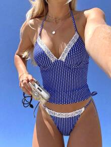 Swim Vcay Bộ đồ bơi tankini gợi cảm cổ yếm viền ren chấm bi dành cho nữ, thích hợp cho kỳ nghỉ hè. - Màu xanh lam - Xem 2