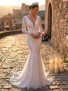 Glamrae Elegant Luxurious Stretchy Lace Floral Trim Sheer Sleeve Mermaid Maxi Dress With Long Train, Suitable For Weddings, Parties, Vacations, Balls, Honeymoon - White - View 5