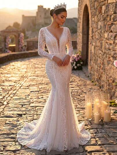 Glamrae Elegante y lujoso vestido maxi de sirena con mangas transparentes, adorno de encaje floral y falda con cola larga, adecuado para bodas, fiestas, vacaciones, bailes y luna de miel