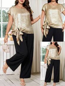 SHEIN Clasi Bộ đồ 2 mảnh dành cho nữ cỡ lớn, in hình dơi bằng giấy bạc, tay ngắn thắt nút và quần ống rộng, kiểu dáng thường ngày. - Nhiều màu - Xem 2