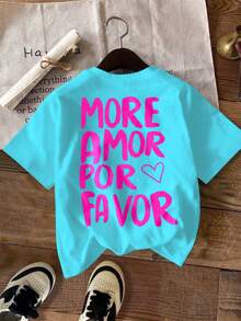 EMERY ROSE Áo nữ mùa hè thời trang, phong cách thường ngày, in hai mặt, mang thiết kế cổ điển với họa tiết trái tim và sọc. Áo thun cổ tròn tay ngắn, chất liệu trơn, in chữ "MORE AMORE PER". - Màu xanh lam - Xem 3