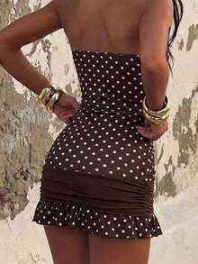 Aloruh Women's Polka Dot Strapless Ruffle Design Fashion Date Party Mini Dress - Green - View 2