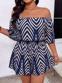 Breezaya Plus Size Off-The-Shoulder Color-Blocked Romper With Elastic Waist,Spring Summer Fall Winte Vacation Work Outfits For Beach Fashion Country Stripe Sea - Blue - View 4