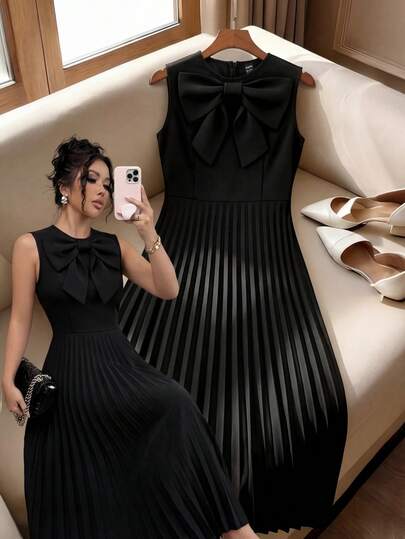 Franclia 女士优雅黑色无袖蝴蝶结领修身中长褶皱连衣裙，显瘦，适合工作、派对和正式场合，高品质
