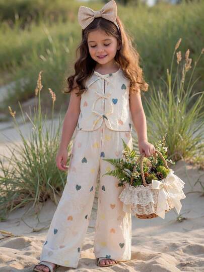 SHEIN LMoss Kids 女童爱心荷叶边无袖蝴蝶结上衣和七分裤两件套，适合外出和度假