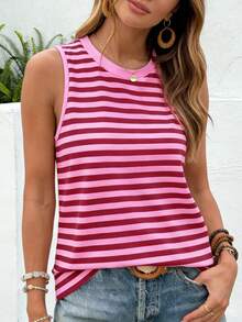 EMERY ROSE Women's Striped Colorblock Print Round Neck Top, Comfortable Casual Round Neck Tank Top, Suitable For Daily Wear In Summer - Hot Pink - View 4