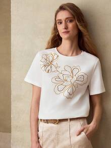MOTF PREMIUM 女士刺绣花卉图案优雅百搭夏季T恤 - 白色 - 查看 6