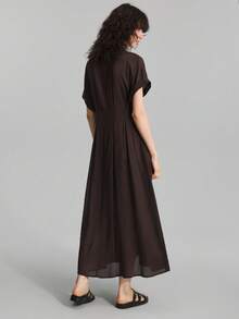 Ontre 2026SS New Summer Women's Solid Coffee V-Neck Bat Sleeve Pleated Single-Breasted Casual Long Dress, Spring/Summer Elegant Ladies Dress, Graduation Dress, Vacation Beach Music Festival Formal Dress - Coffee Brown - View 7