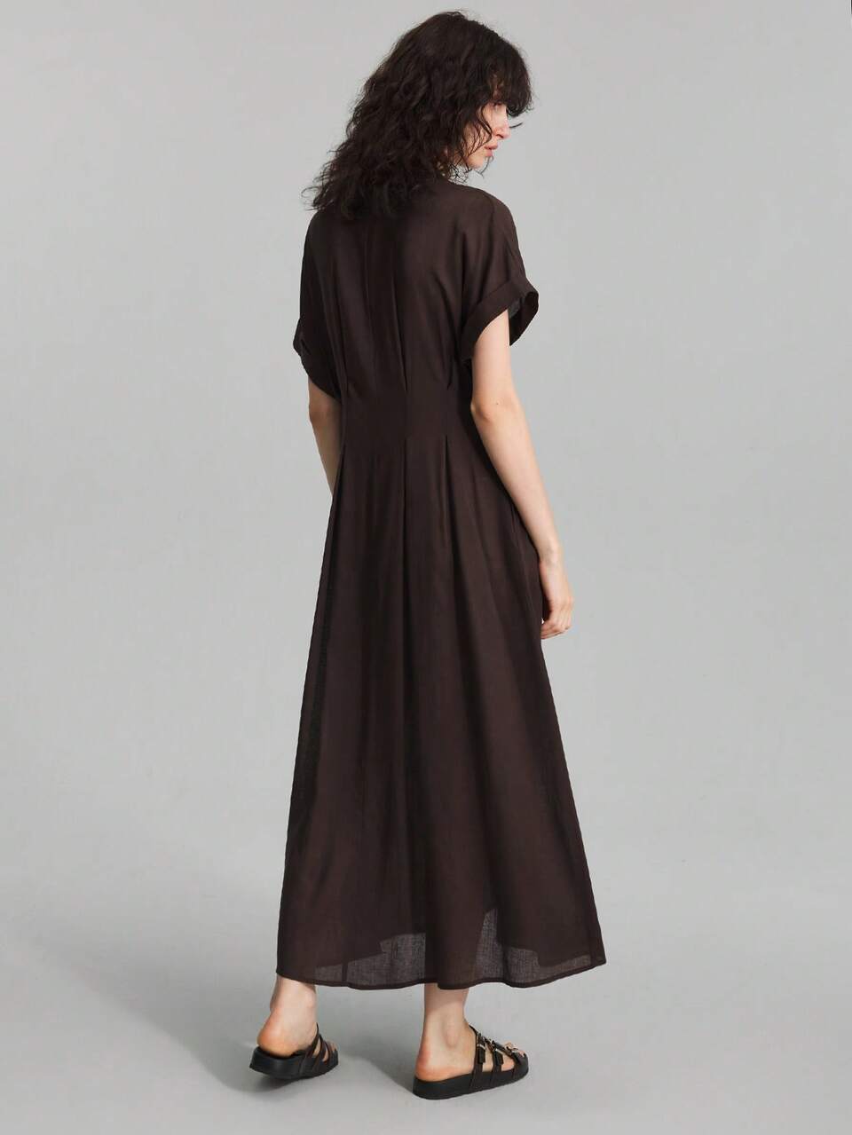 2026SS New Women's Dark Brown Summer Casual Vacation V-Neck Batwing Sleeve Pleated Single-Breasted Elegant Ladies Graduation Beach Music Festival Dress