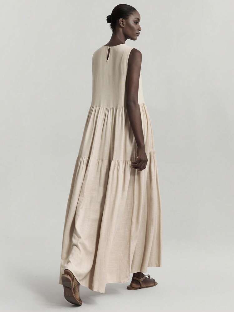 2026SS New Arrival Women's Long Dress, Sleeveless Maxi Dress, Bestselling Solid Apricot Color Sleeveless Long Dress, Casual Minimalist Urban Chic Elegant Flared Skirt Dress, Suitable For Leisure & Holiday, Simple Versatile Spring/Summer Essential, Round Neck Loose Comfortable Woven Fabric Fashion Maxi Dress For Women