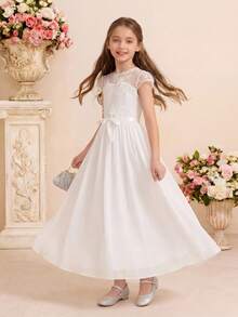 Pitira 少女白色纯色网纱刺绣透视拼接腰部连衣裙，白色公主裙，适合花童、婚礼季、情人节、派对、生日、春节等场合 - 白色 - 查看 8