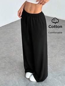 SHEIN PETITE Quần nỉ nữ ống rộng, màu trơn, thoải mái và giản dị. - màu đen - Xem 6