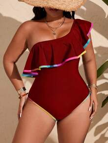 Swim Lushoire Plus Size Women's Ruffled One-Piece Swimsuit, Fashionable For Summer Vacation - Red - View 3