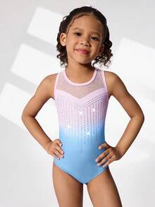 2pcs/Set Young Girls' Gymnastics Leotard And Shorts Set, Cute Printed & Rhinestone Decor, Suitable For Casual Sports, Competition - Multicolor - View 4