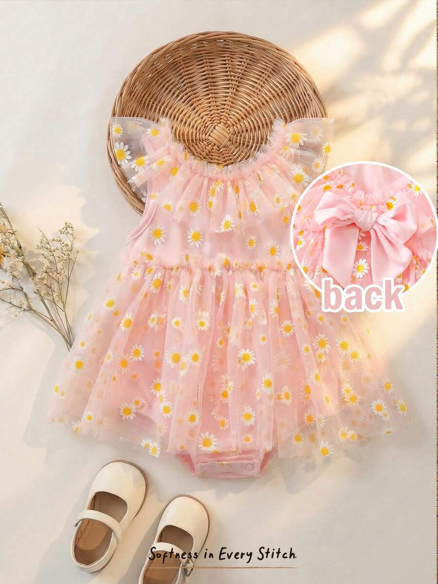 Cozy Pixies Baby Girl Daisy Collar Ruffle Contrast Color Bow Tie Waist Romper, Elegant Ditsy Floral Baby Girl Romper, Pink Floral Princess Style Baby Girl Romper, Suitable For Spring/Summer, Outdoor Picnic, Outing, Street Style, Home, Bohemian, Music Festival, Tea Party, Vintage Dress Baby Girl Sleeveless Bodysuit Baby Girl Floral Print Bodysuit Baby Girl Daisy Print Bodysuit Baby Girl Summer Bodysuit - Multicolor - View 1