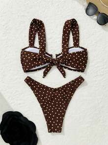 Bonvoyette Summer Bestselling Polka Dot Pattern Design Fashionable Beach Bikini Set For Girls - Brown - View 6