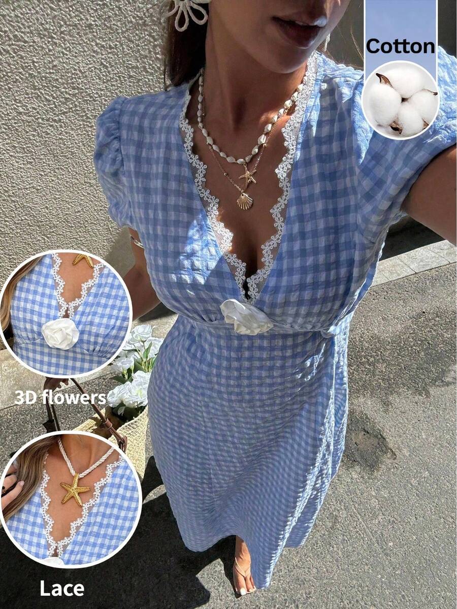 Serisse 女士格子短袖中长连衣裙 - 彩色 - 查看 1