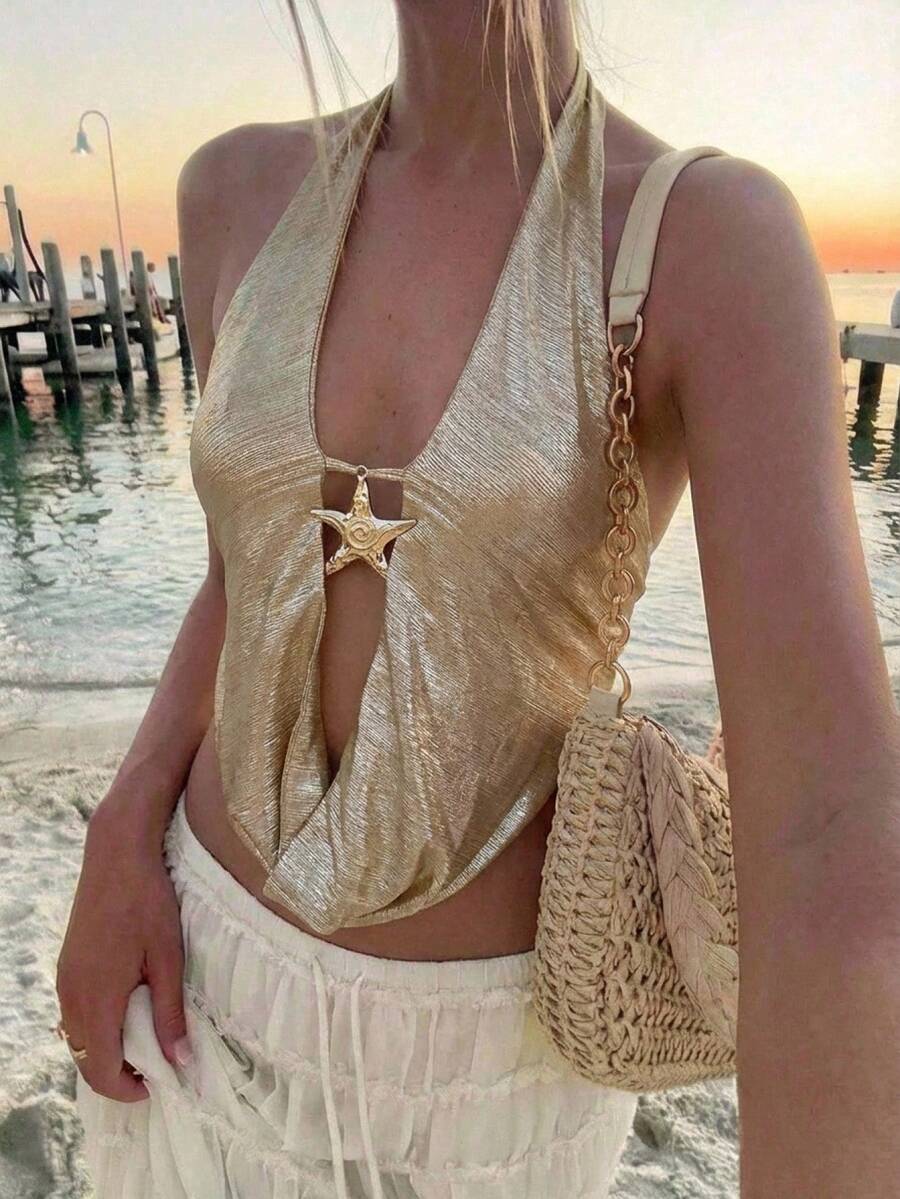 Aloruh Áo croptop hở lưng, cổ xếp ly, khóa kim loại trang trí, áo croptop gợi cảm phong cách Y2K cho phụ nữ nhỏ nhắn, trang phục đi xem hòa nhạc, áo mùa hè, trang phục đi biển, Y2K, trang phục mùa hè thịnh hành cho nữ, trang phục thường ngày cho nữ, trang phục mùa xuân cho nữ.