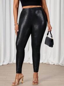 SHEIN Tall CURVE 大码弹力鳄鱼纹印花打底裤 - 黑色 - 查看 4