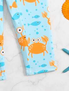 SHEIN 男婴泳衣，连体泳衣，长袖长裤，拉链设计方便穿脱，针织面料，可爱海龟数码印花海边泳衣，男婴海边泳衣 - 彩色 - 查看 5