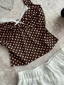 Attitoon Áo tank top nữ dáng ôm, cổ vuông, thắt nơ, họa tiết chấm bi nâu, phong cách retro Y2K đa năng, thích hợp cho lễ hội âm nhạc, trang phục mùa hè. - Nhiều màu - Xem 5