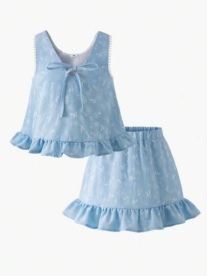 少女宽松度假吊带背心套装，花卉镂空柔软面料，适合日常休闲穿着、派对、上学、通勤和度假。