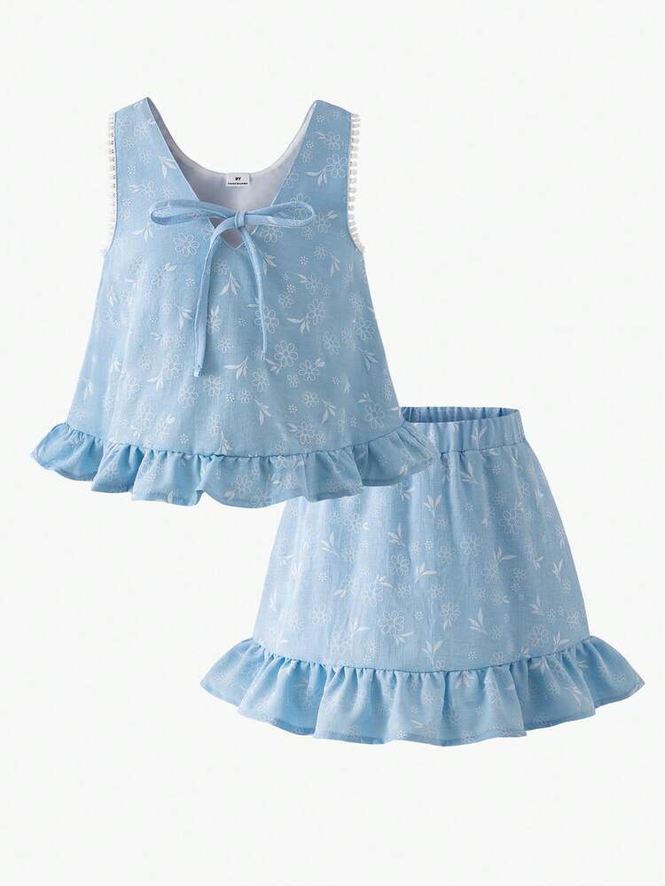 少女宽松度假吊带背心套装，花卉镂空柔软面料，适合日常休闲穿着、派对、上学、通勤和度假。 - 白色 - 查看 1