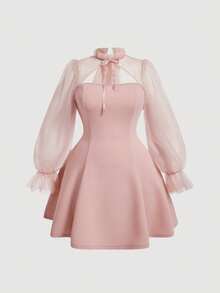 SHEIN MOD 大尺碼網眼拼接粉紅色系連衣裙，綁帶設計 - 粉色 - 查看 6