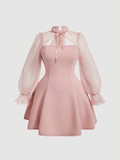 SHEIN MOD เดรสสั้น แขนยาว ซีทรู สีชมพู คอเต่า